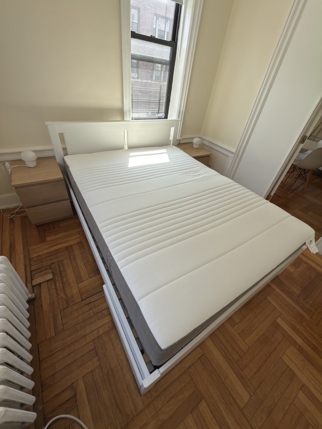 Queen Bed with 2 storage boxes and White Mattress