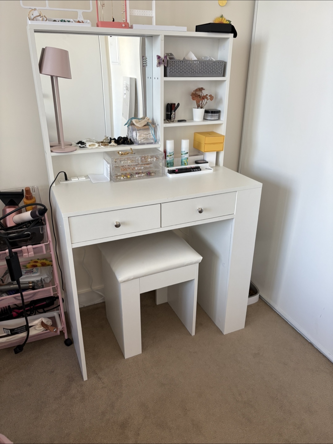 White Vanity Table with Mirror & Stool - photo 2
