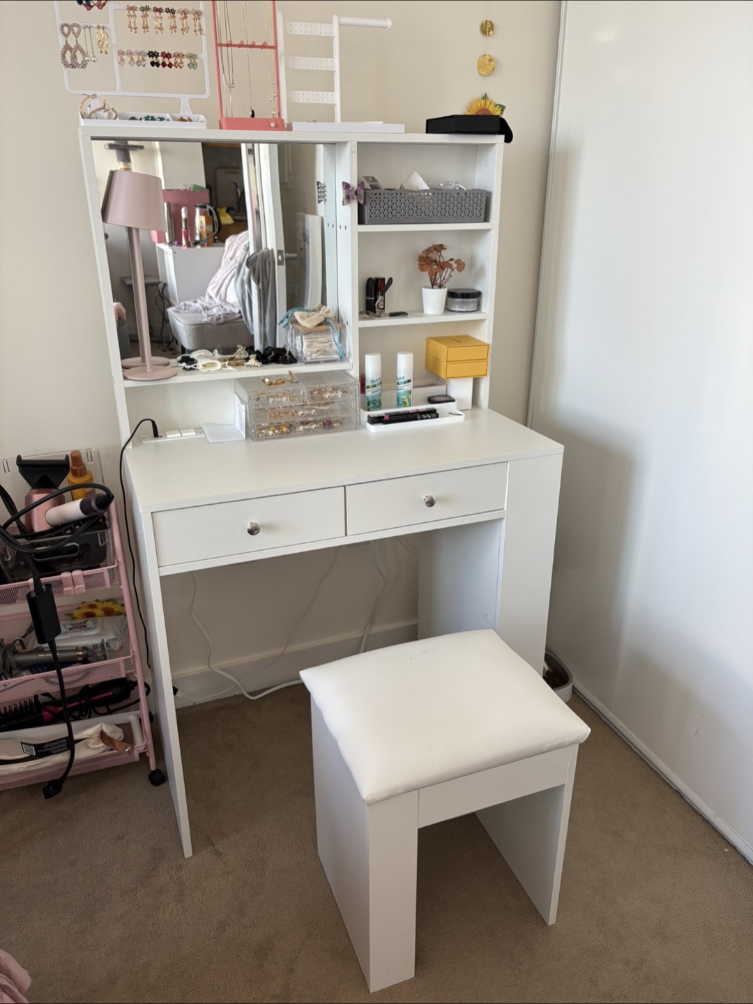 White Vanity Table with Mirror & Stool