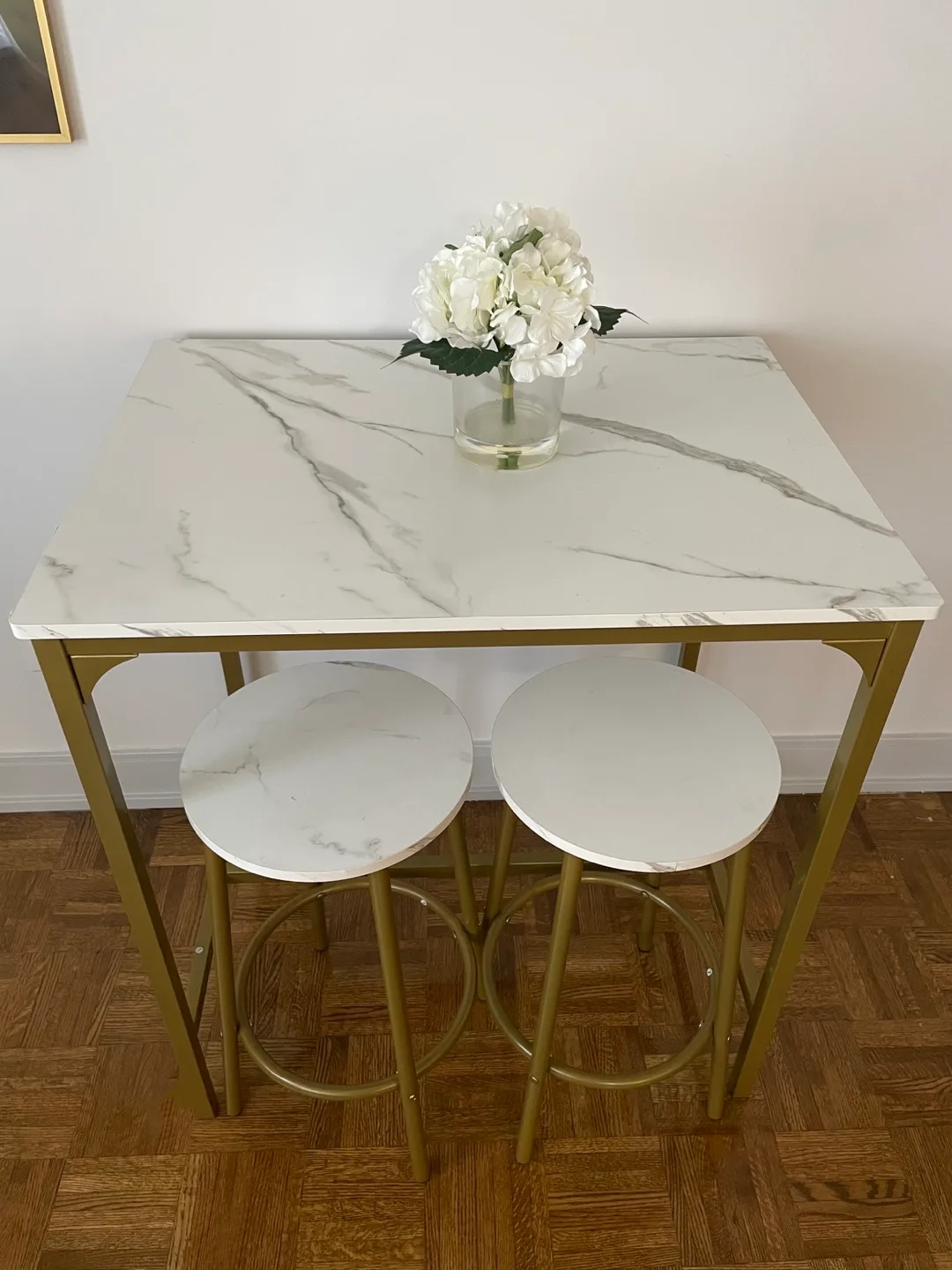 AT-VALY Gold Dining Table Set with 2 Stools – $120