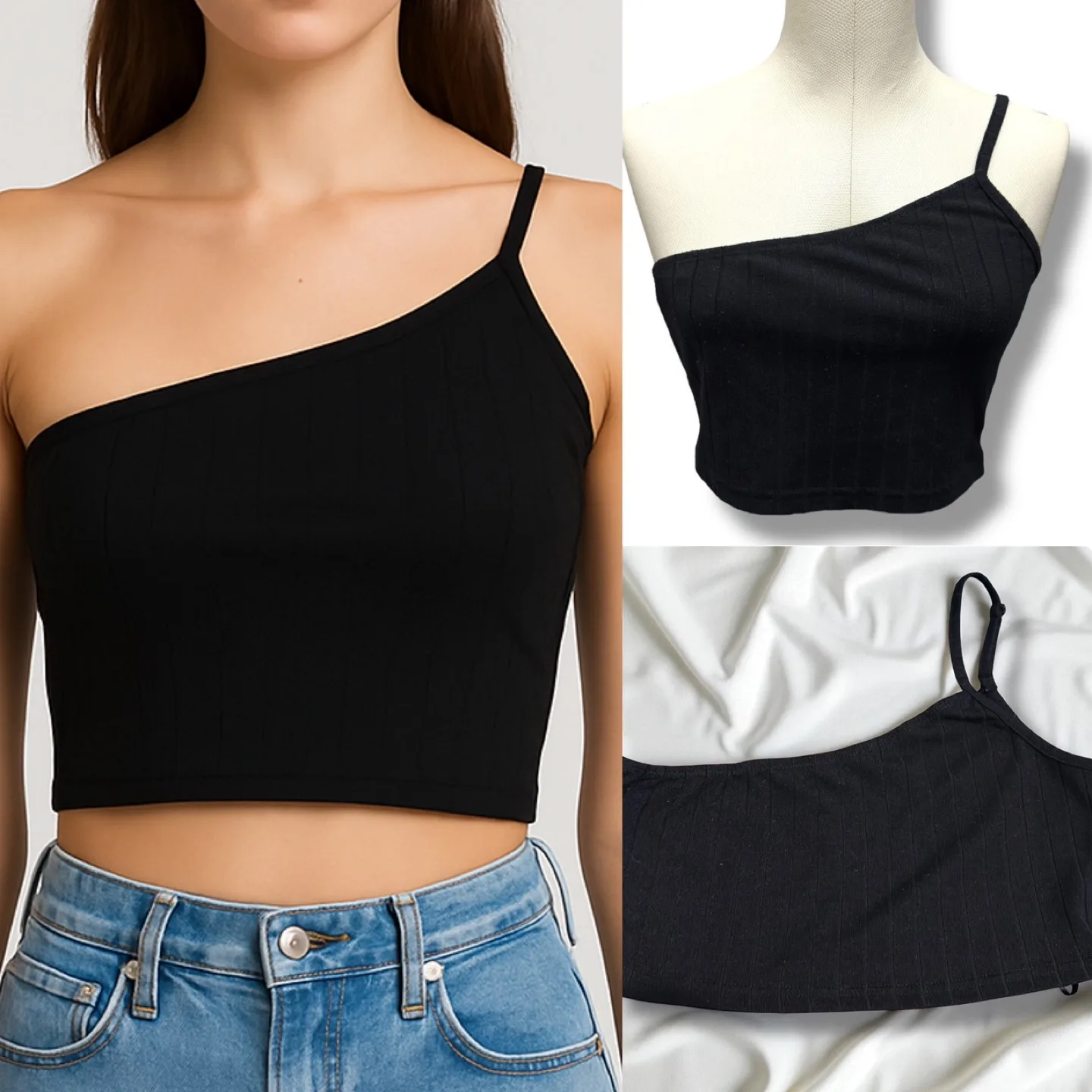 Shein Black One Shoulder Tank Top thumbnail