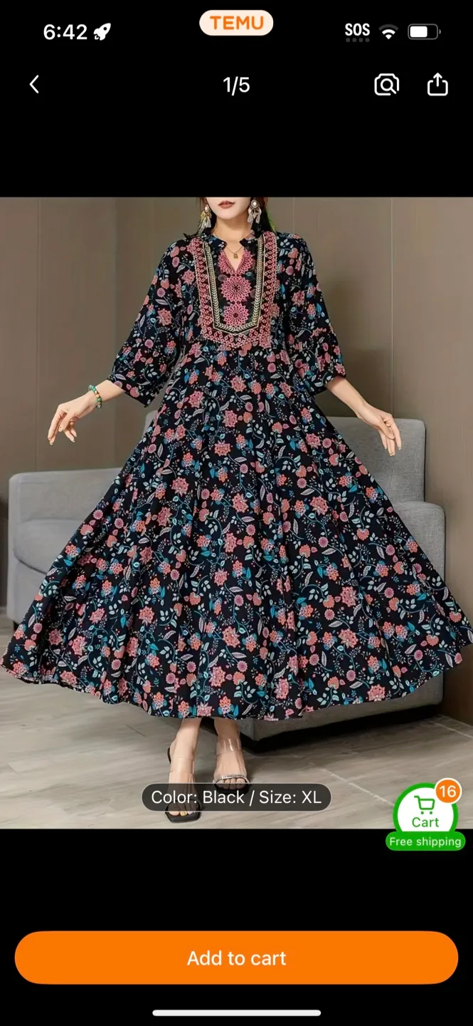 Floral Print Maxi Dress - Black, XL thumbnail