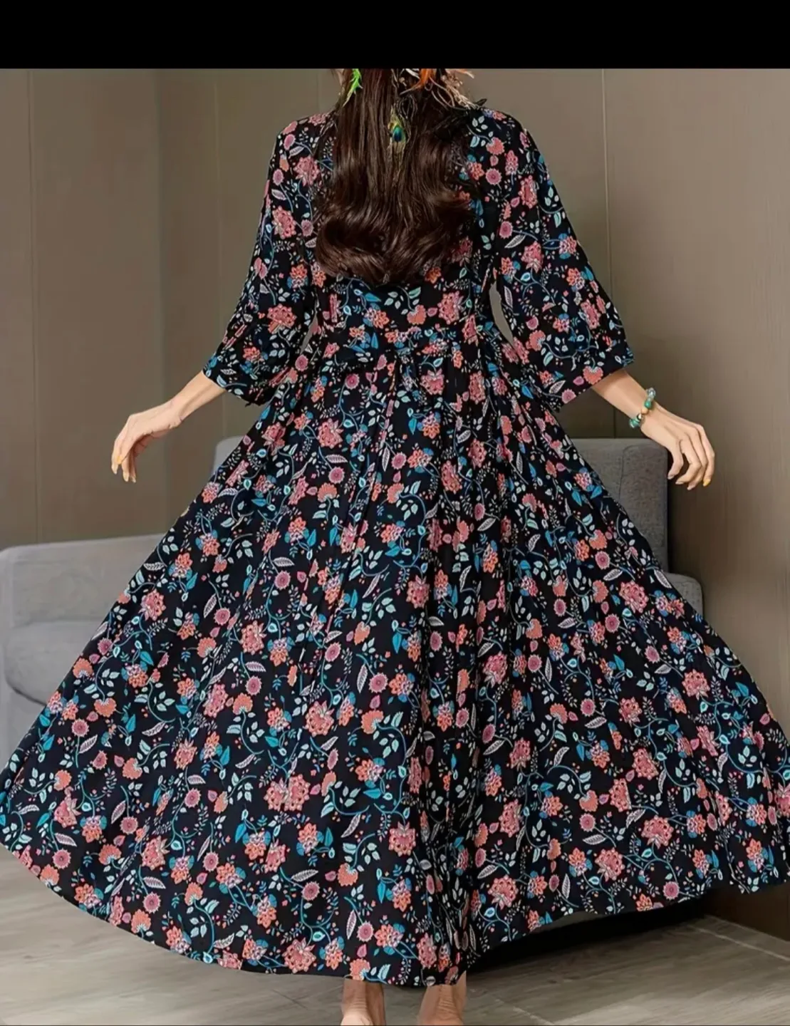 Floral Print Maxi Dress - Black, XL image indicator(2)