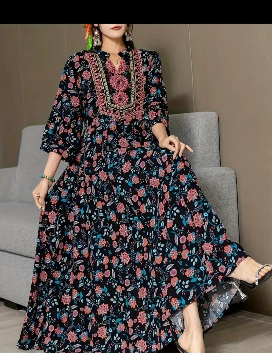 Floral Print Maxi Dress - Black, XL image indicator(3)