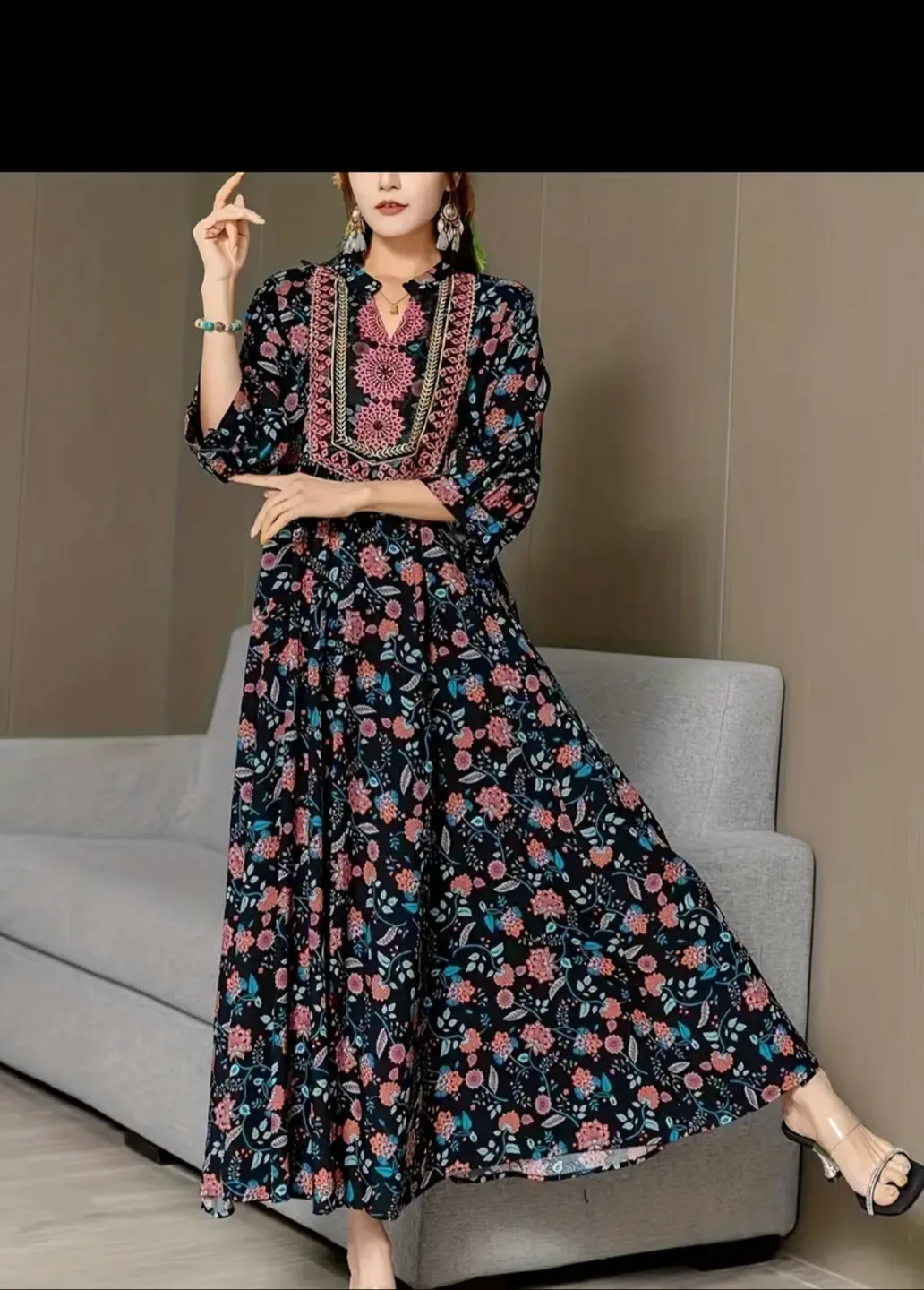 Floral Print Maxi Dress - Black, XL image indicator(5)