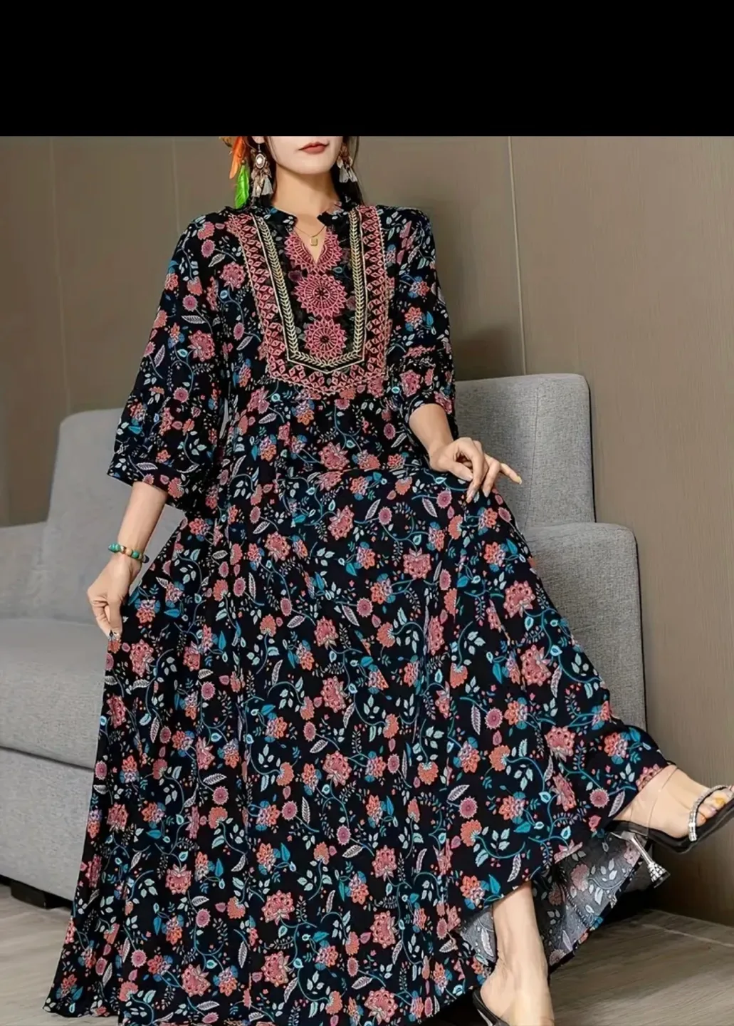 Floral Print Maxi Dress - Black, XL image indicator(4)