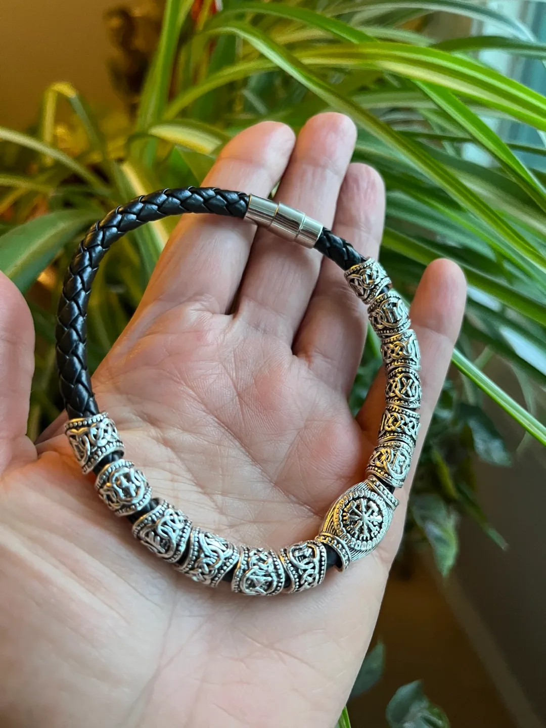 Braided  Bracelet with Silver beads .  For thick wrists thumbnail