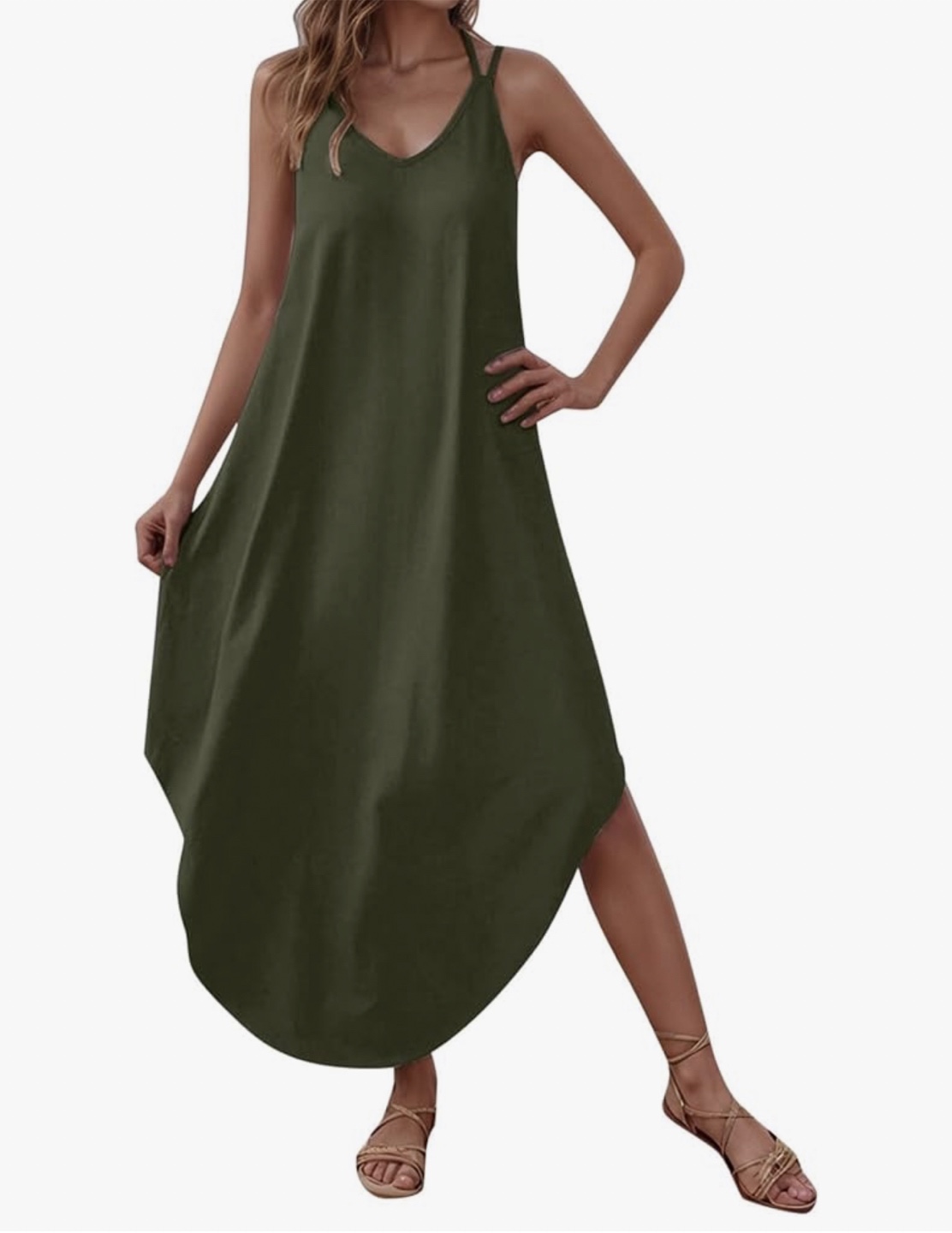 Olive Green Casual Summer Sleeveless V Neck Maxi Dress sz L