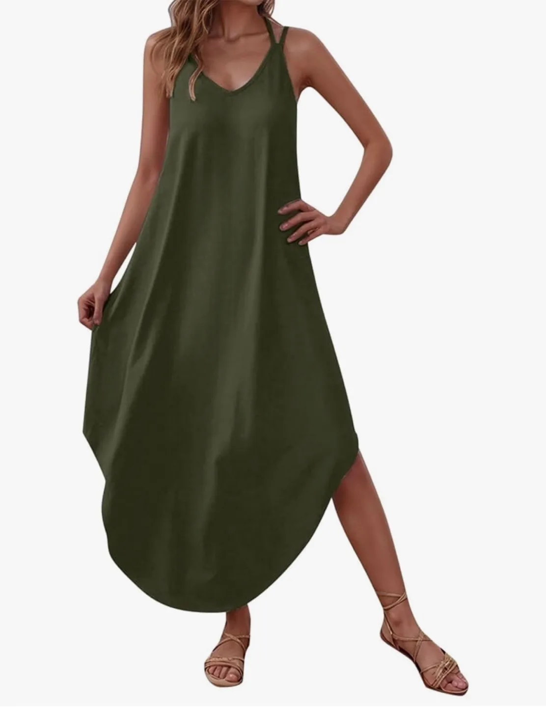 Olive Green Casual Summer Sleeveless V Neck Maxi Dress sz L thumbnail