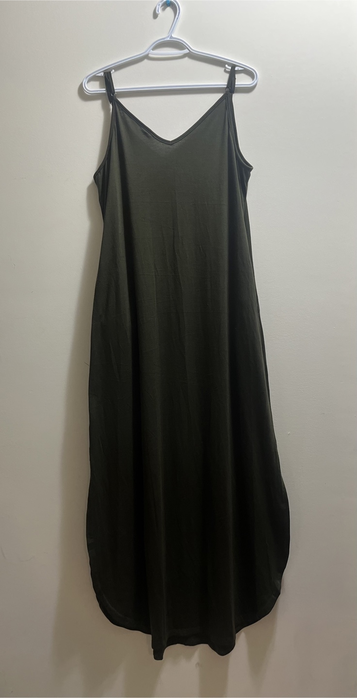 Olive Green Casual Summer Sleeveless V Neck Maxi Dress sz L - photo 5