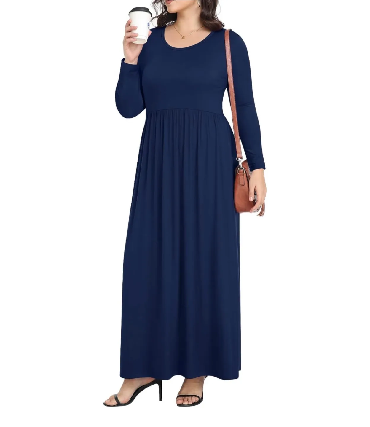 Elegant Navy Blue Crewneck Casual Maxi Dress with Pockets sz L thumbnail