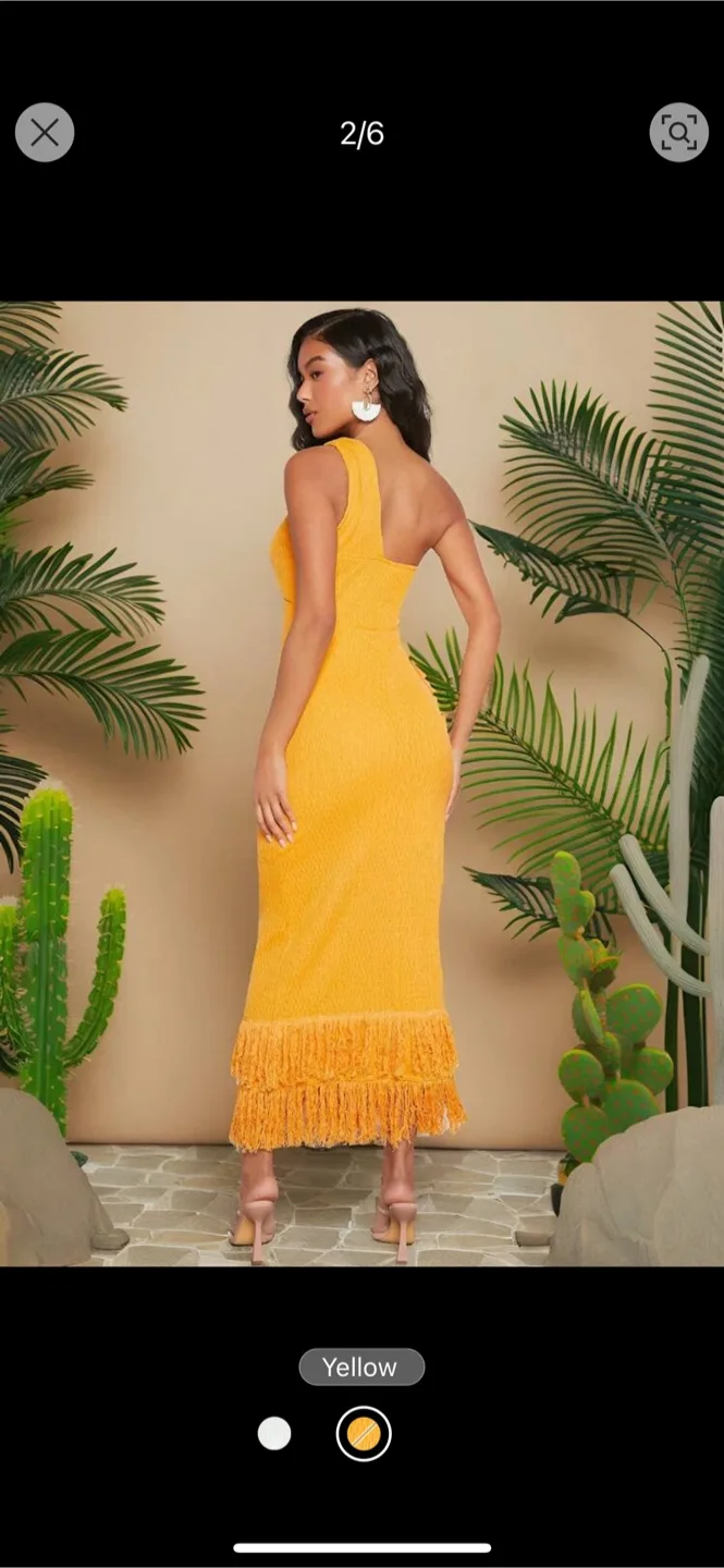 Yellow One Shoulder Fringe Hem Dress (L) image indicator(2)