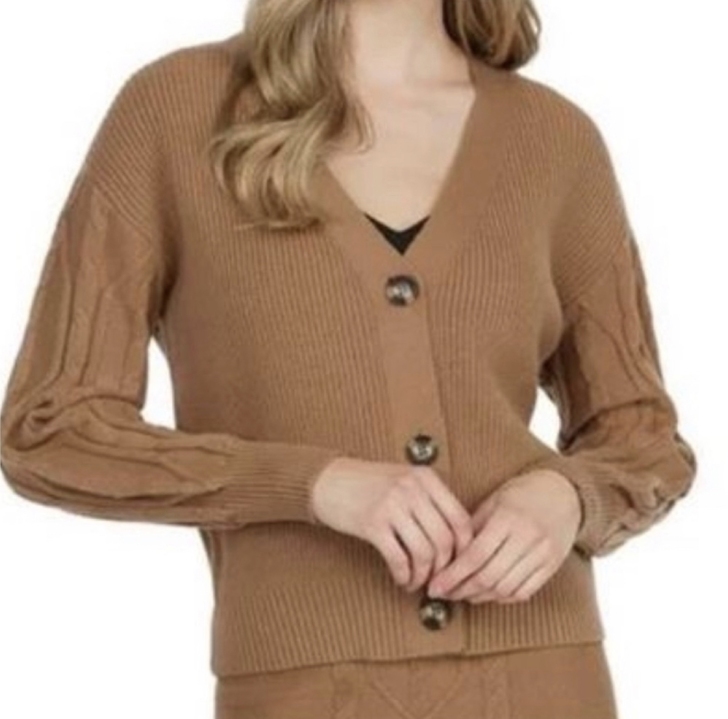 Mexx Womens Cable Cardigan Sweater, Lt Camel Sz XL