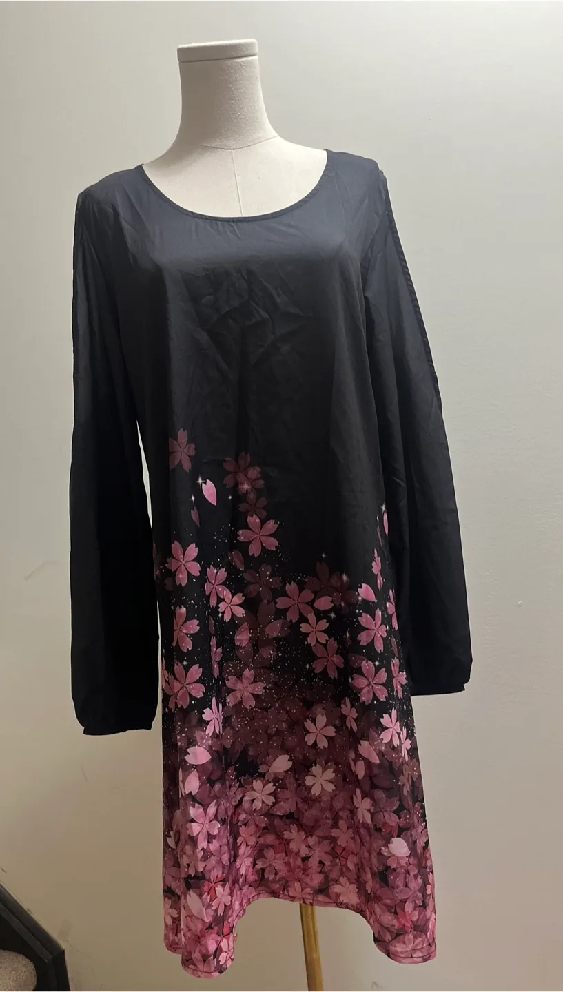 Cherry blossom print cold shoulder dress sz L thumbnail