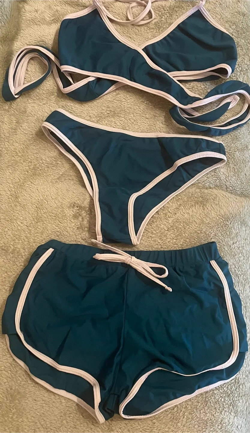 Bikini & Shorts Set - Teal with White Trim🧡 thumbnail