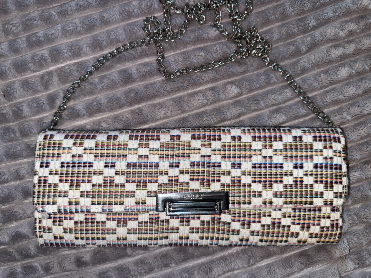 BCBG Multicolor Woven Clutch with Chain