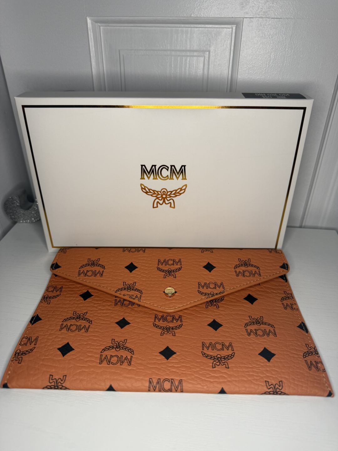 Gift with purchase MCM logo orange Clutch with box
