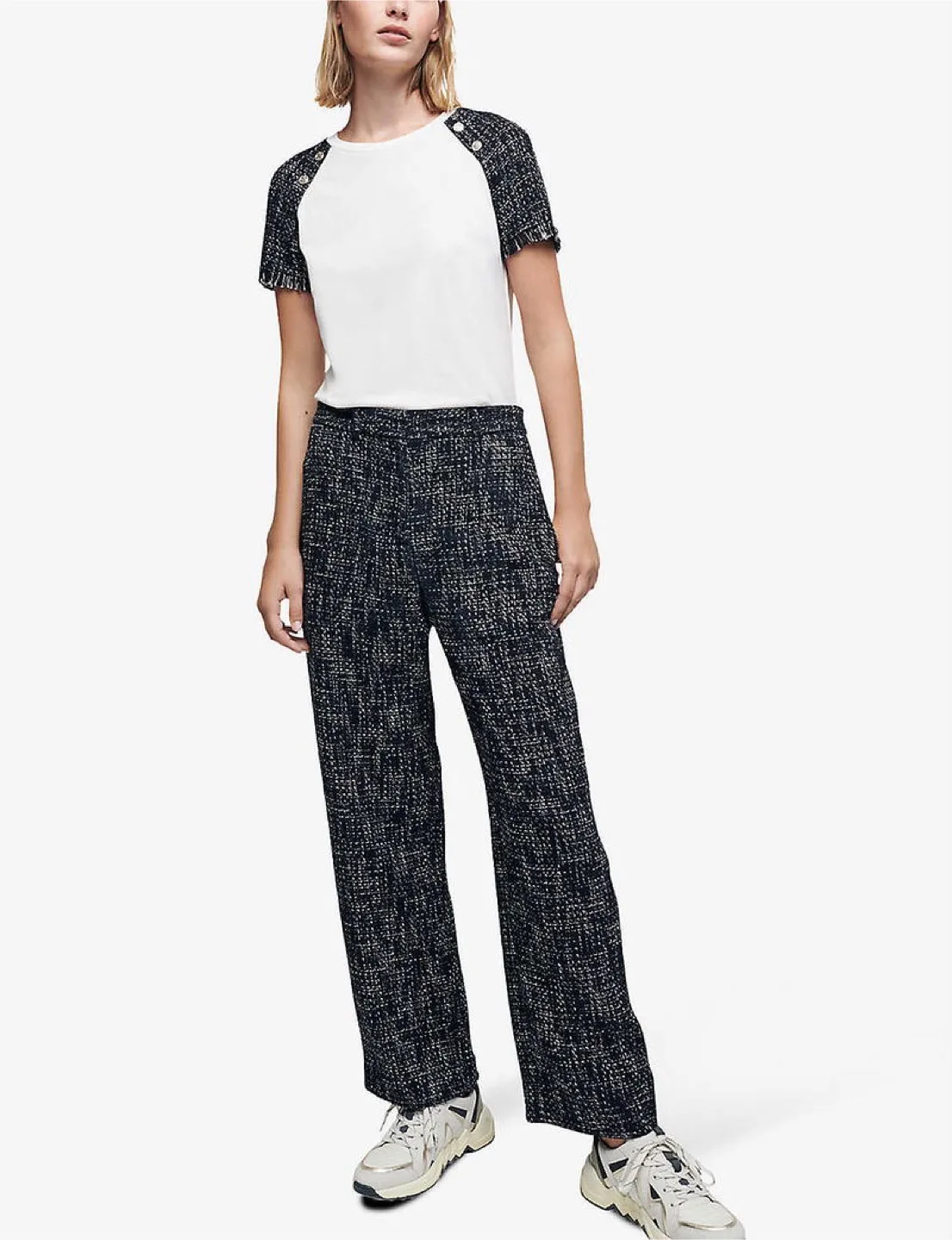 Maje Tiacome Tweed-Trim Semi-Sheer Woven T-Shirt image indicator(4)