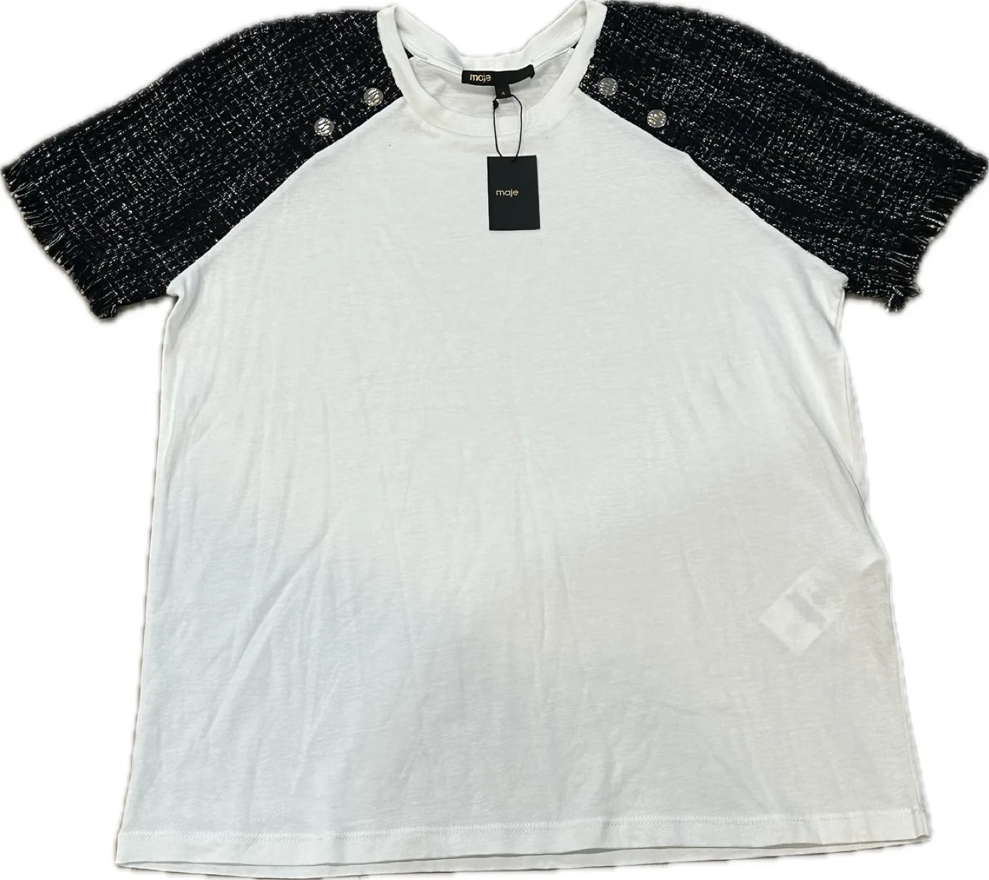 Maje Tiacome Tweed-Trim Semi-Sheer Woven T-Shirt image indicator(5)