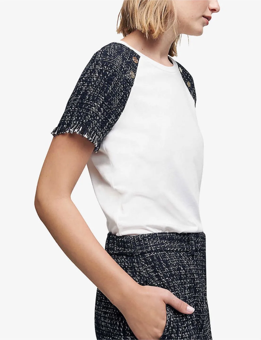 Maje Tiacome Tweed-Trim Semi-Sheer Woven T-Shirt image indicator(2)