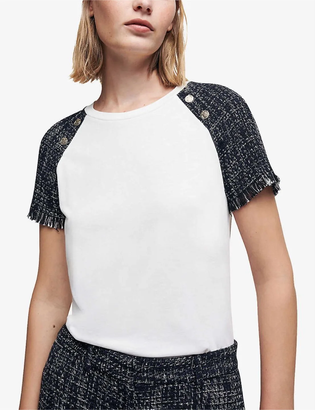 Maje Tiacome Tweed-Trim Semi-Sheer Woven T-Shirt thumbnail