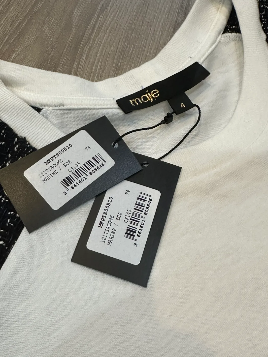 Maje Tiacome Tweed-Trim Semi-Sheer Woven T-Shirt image indicator(9)