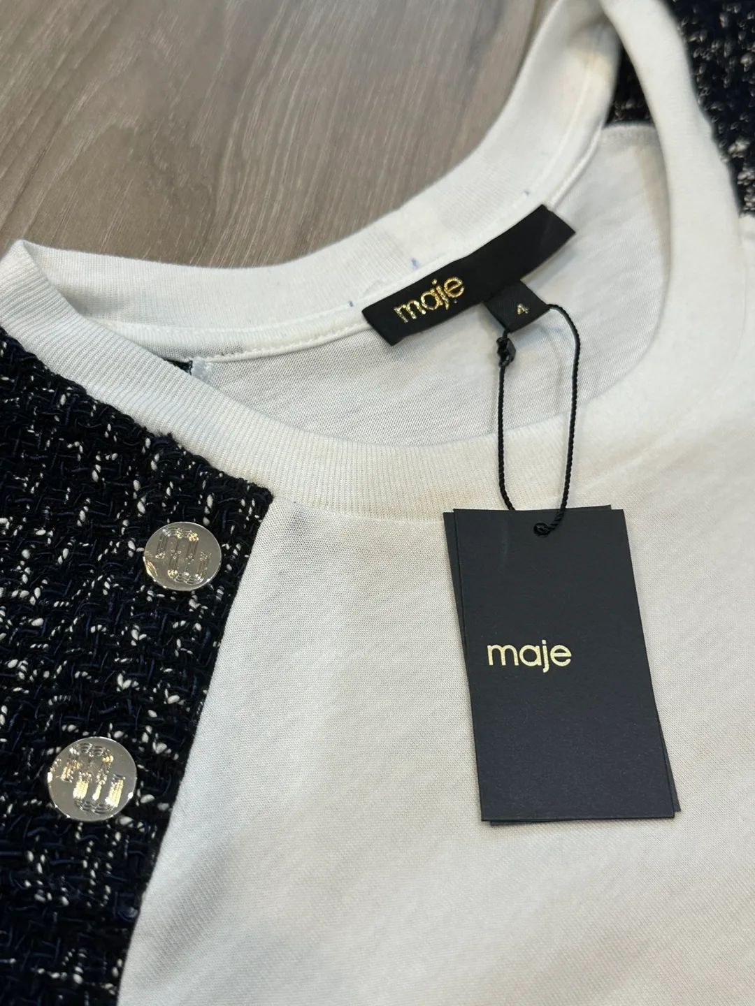 Maje Tiacome Tweed-Trim Semi-Sheer Woven T-Shirt image indicator(8)