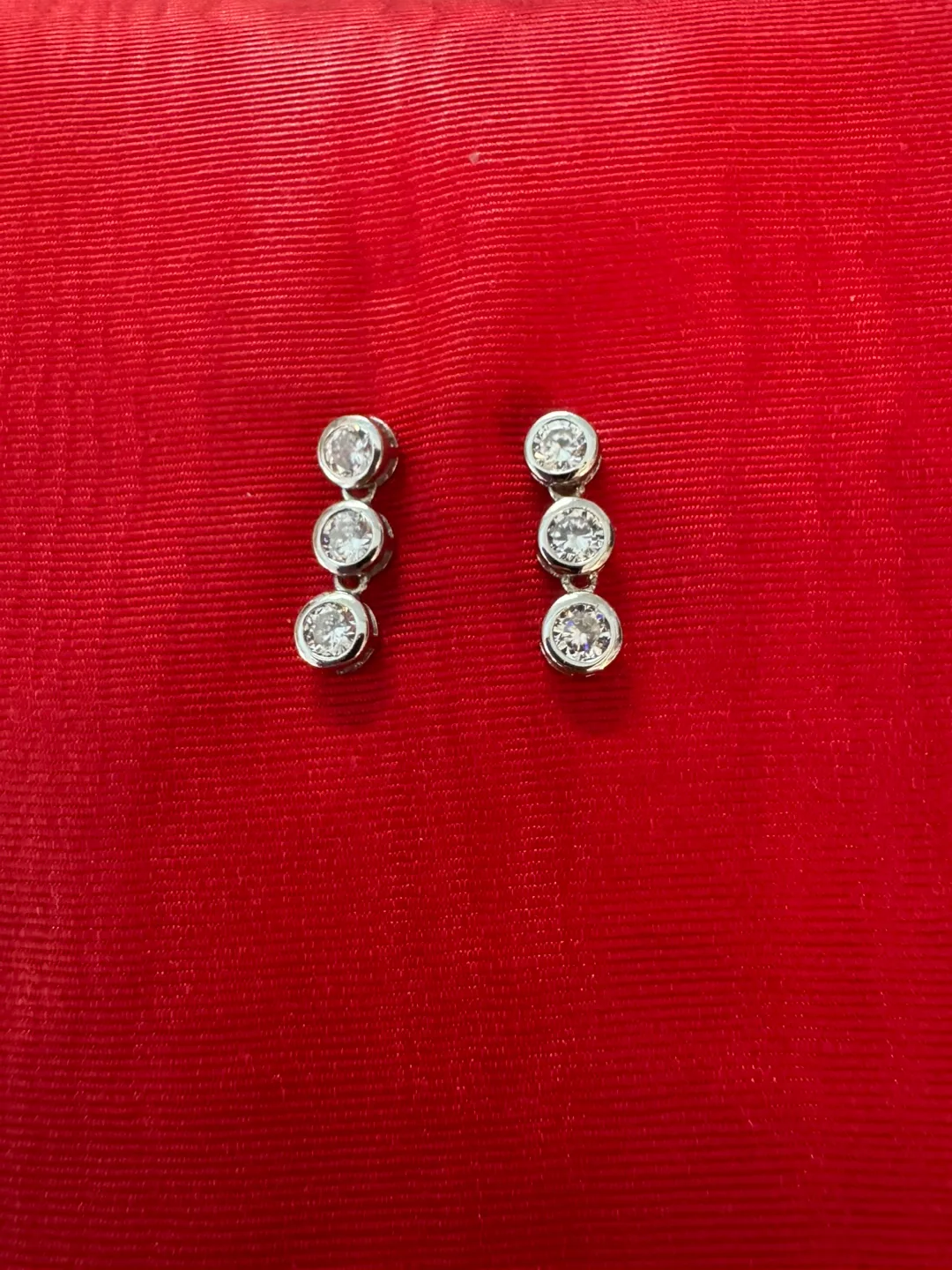 925 Sterling Silver 3 Stone Clear CZ Bezel Diamond Earrings thumbnail