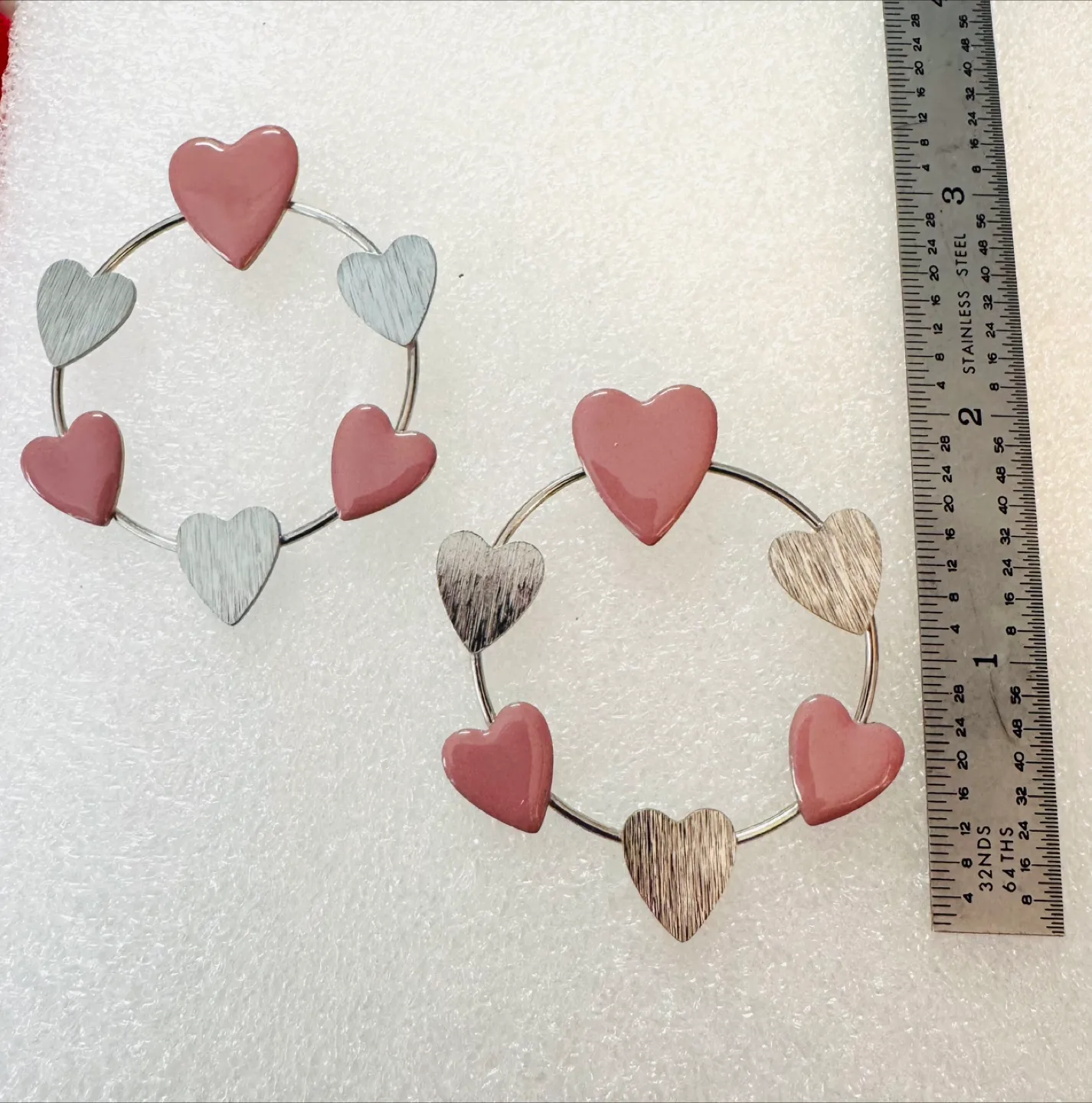 Silver Plated, 2” hand enameled Blush Pink Heart Hoop Earrings image indicator(2)