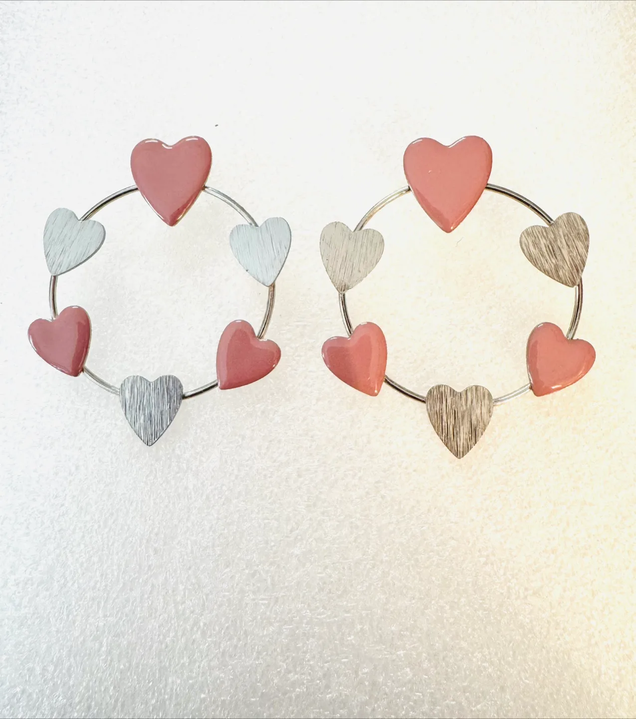 Silver Plated, 2” hand enameled Blush Pink Heart Hoop Earrings thumbnail