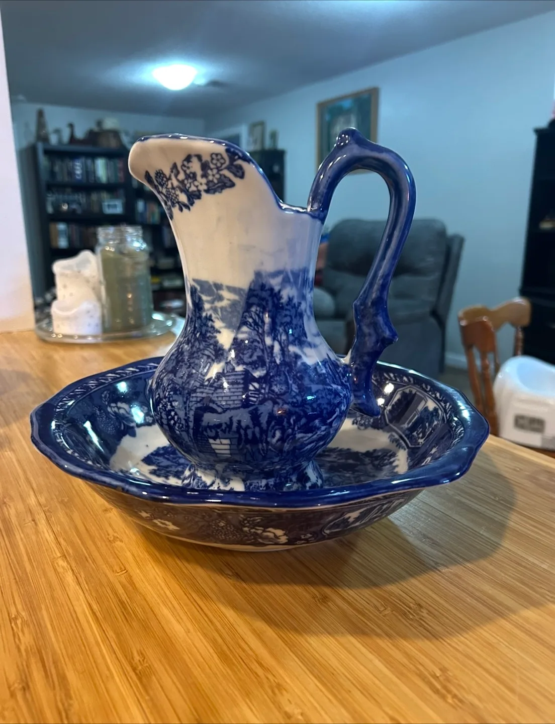 Vintage Blue & White Pitcher and Bowl Set thumbnail