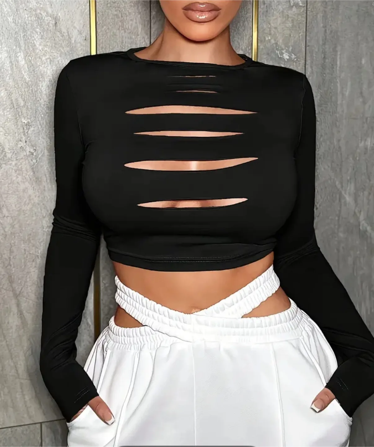 Black cut out long sleeve crop top