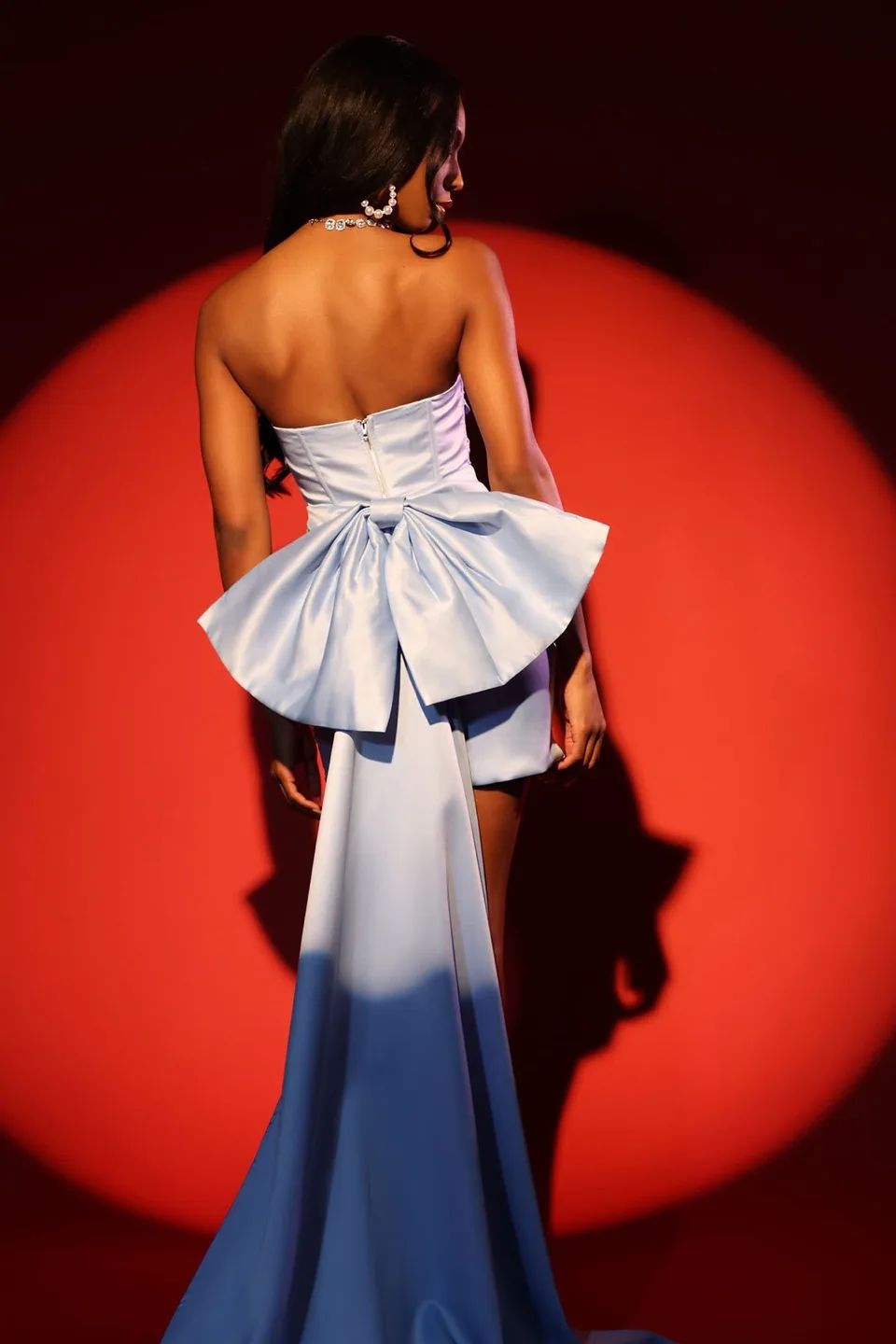 Light Blue Satin Mini Dress with Detachable Bow thumbnail