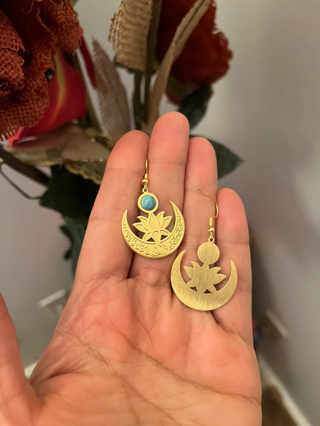 Lotus & Moon Earrings - Gold Colour thumbnail
