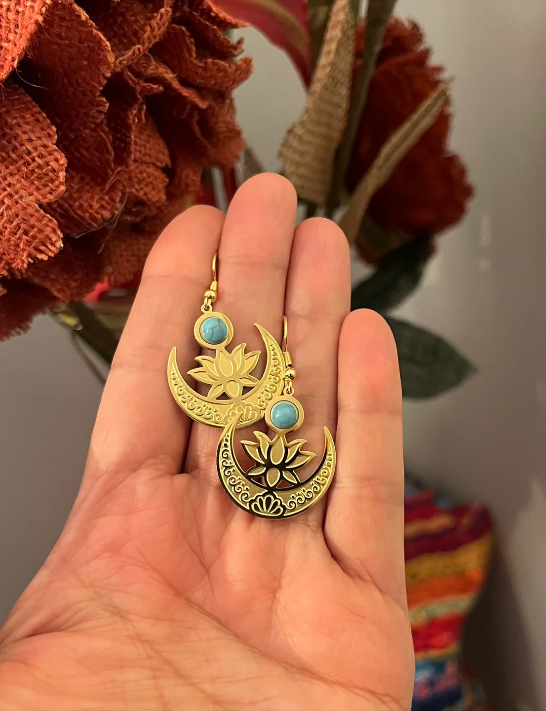 Lotus & Moon Earrings - Gold Colour image indicator(2)