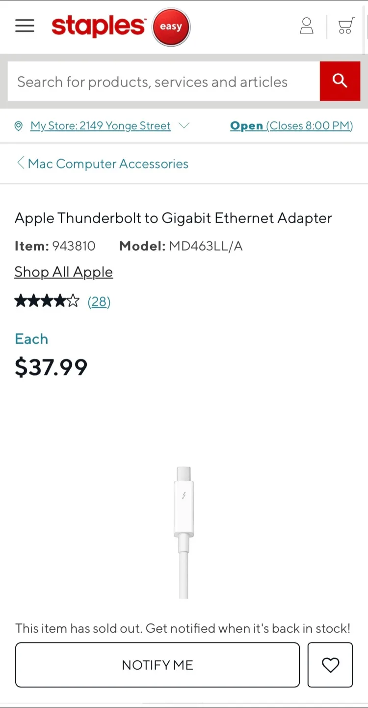 Apple Thunderbolt to Gigabit Ethernet Adapter MD463LL/A thumbnail