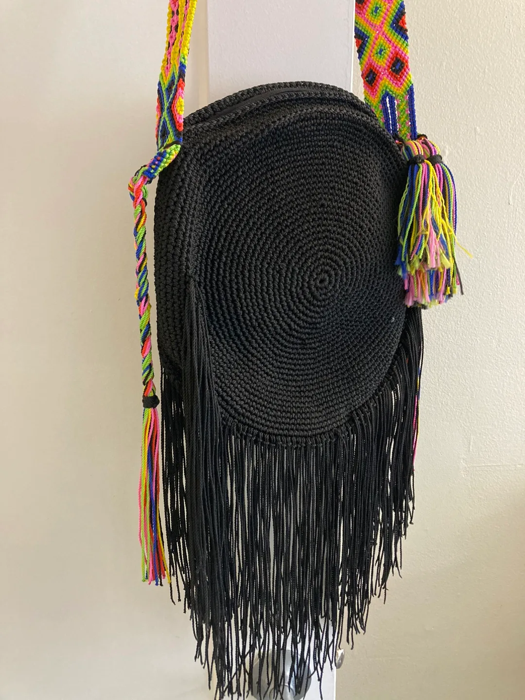 Black Woven Round Crossbody Bag with Fringe thumbnail