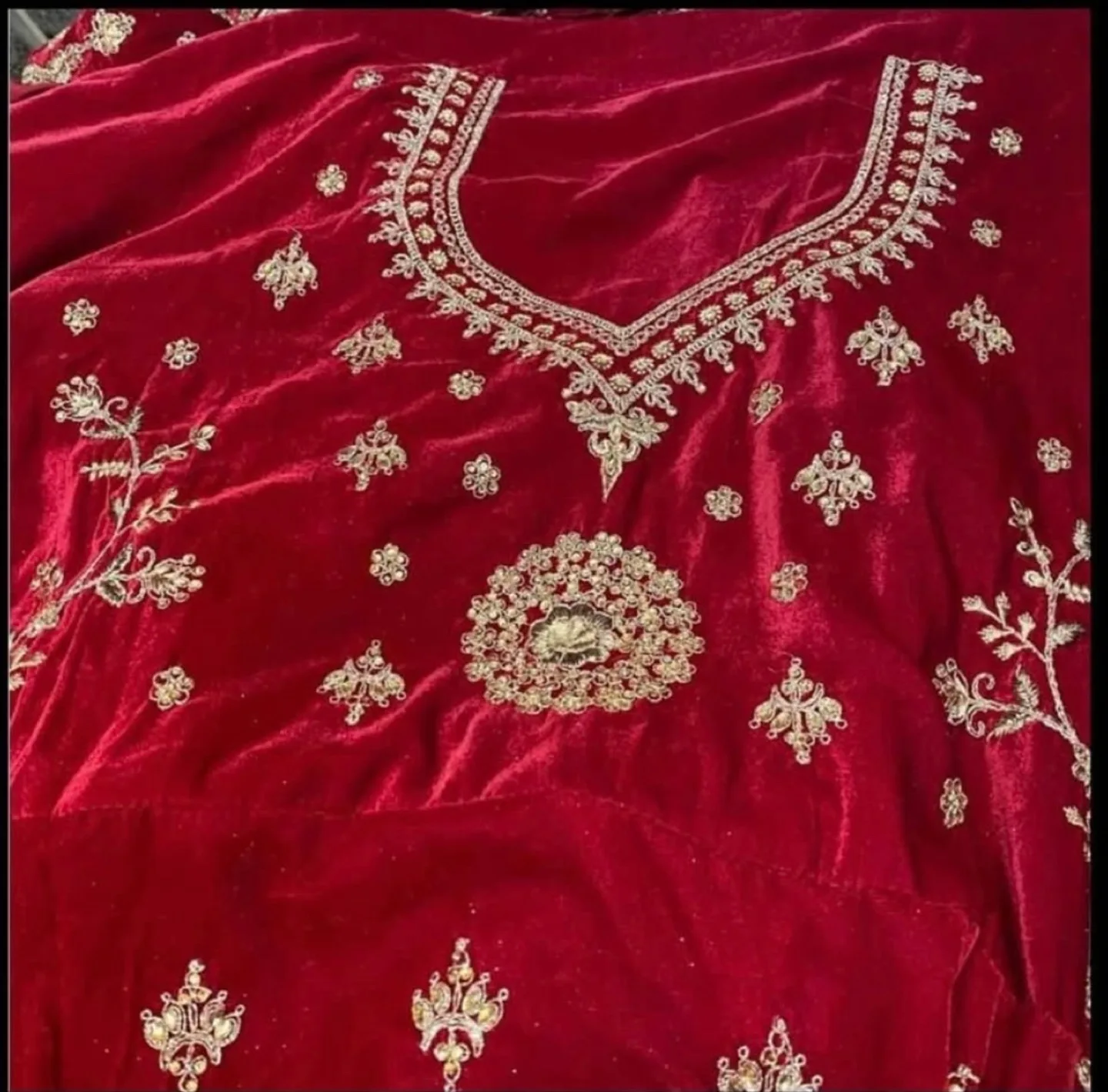 Red & Gold Velvet Embroidered Lehenga image indicator(2)