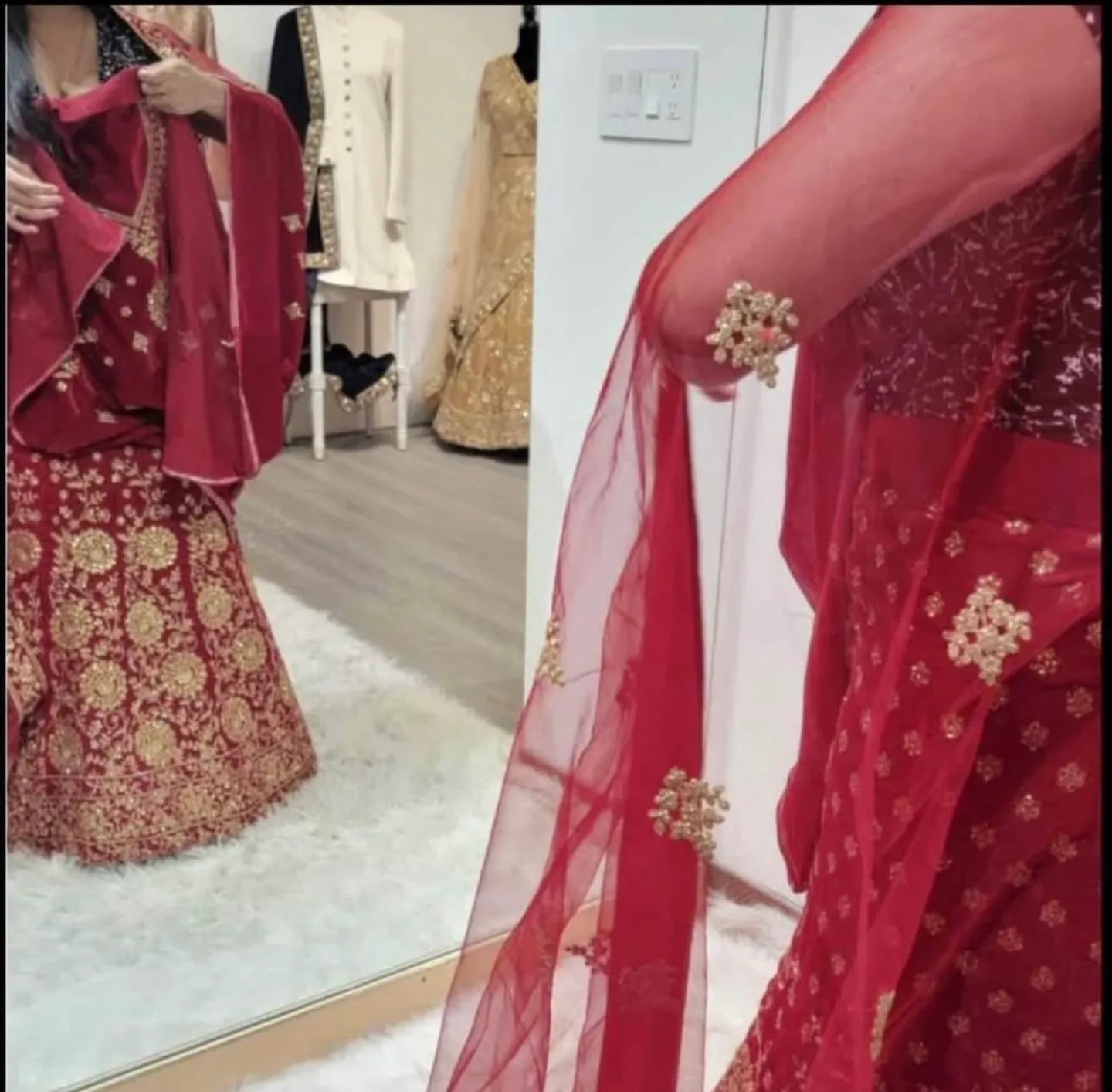 Red & Gold Velvet Embroidered Lehenga image indicator(3)