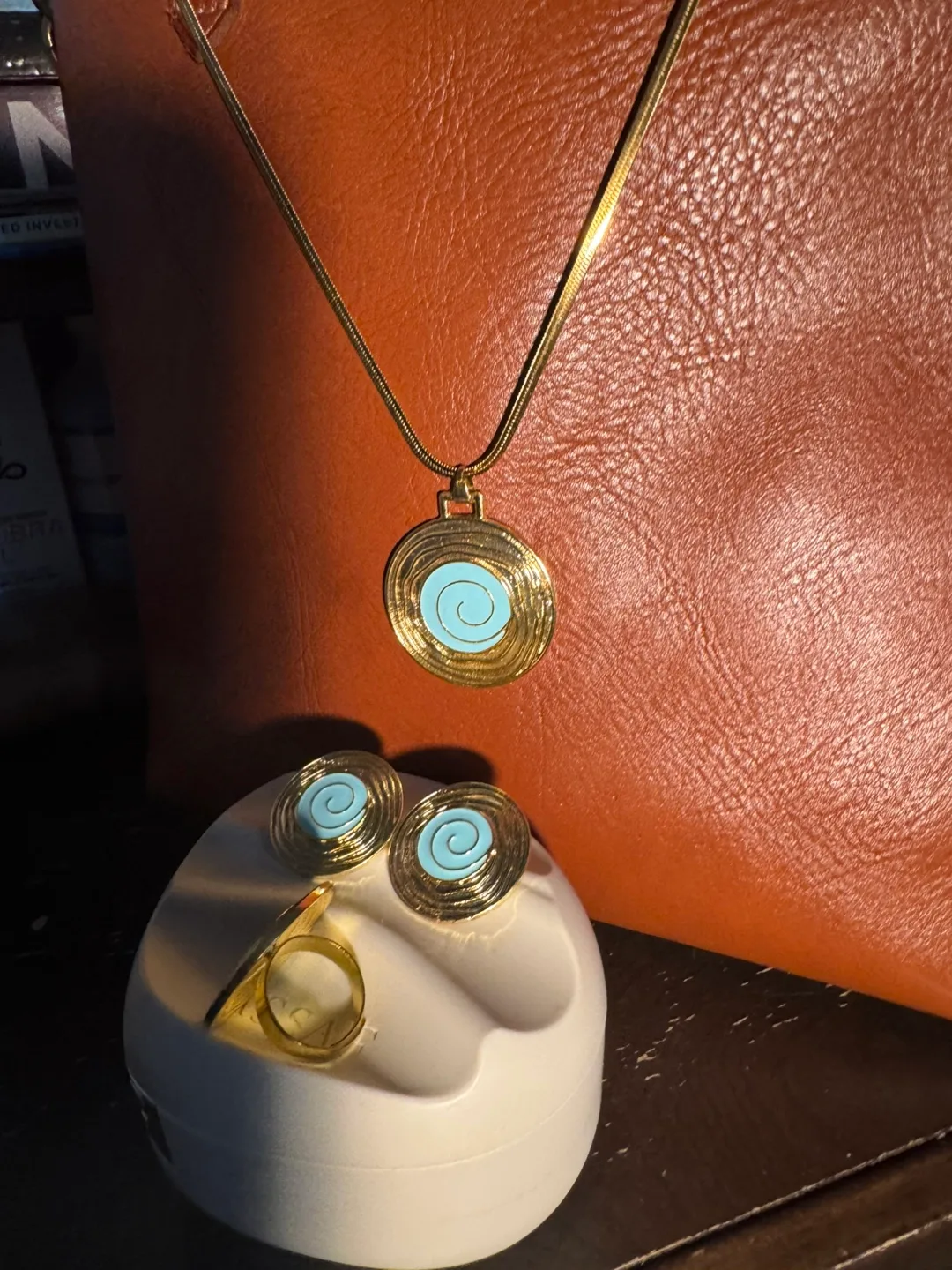 Gold Tone Necklace, Ring & Earrings Set thumbnail