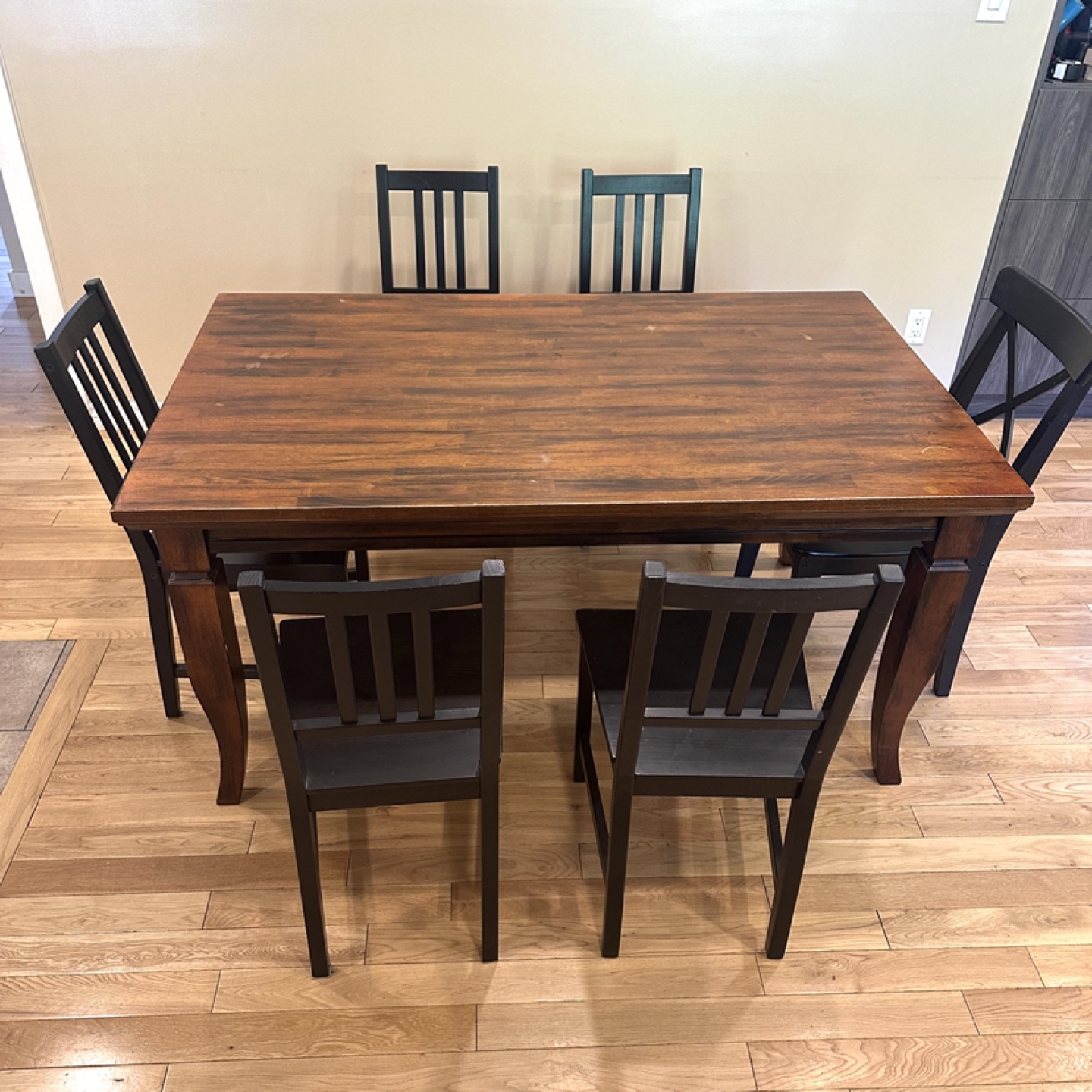Wood Dining Table with IKEA Stefan Chiars (CAN DELIVER)