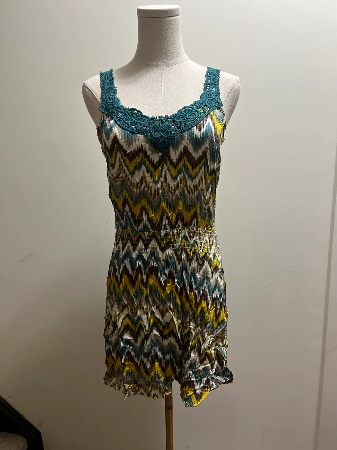 Striking Patterned Dress with teal lace sz S thumbnail