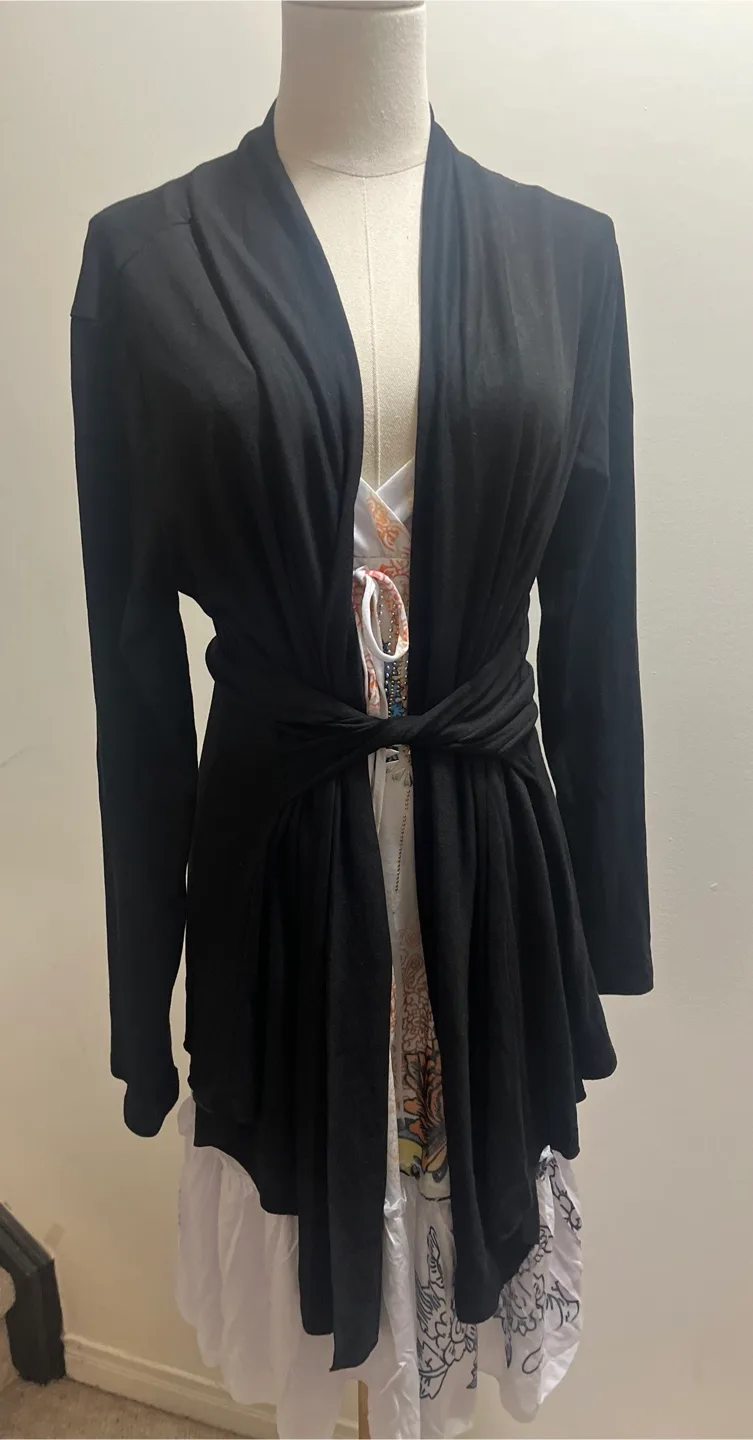 Black Open Front Cardigan with attached belt sz L thumbnail