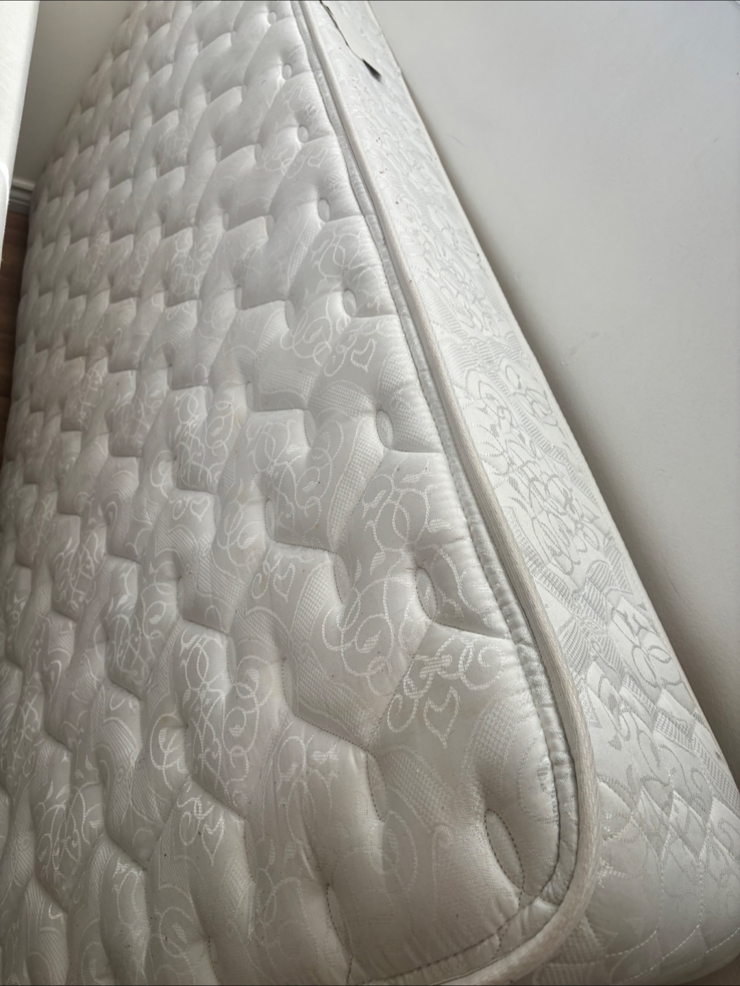 Twin Mattress, box spring, bed frame and white headboard