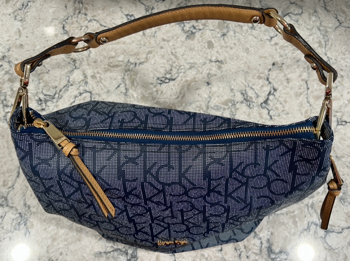 Womens Navy Blue and Tan Calvin Klein Monogrammed Hobo Purse - photo 3