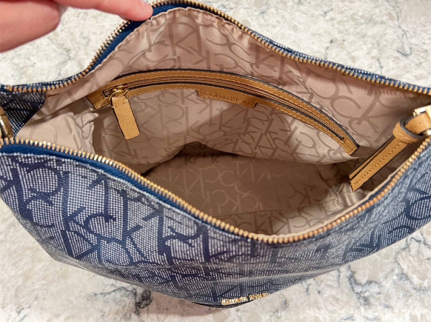 Womens Navy Blue and Tan Calvin Klein Monogrammed Hobo Purse - photo 5