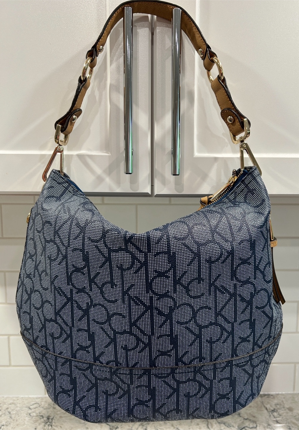 Womens Navy Blue and Tan Calvin Klein Monogrammed Hobo Purse - photo 2