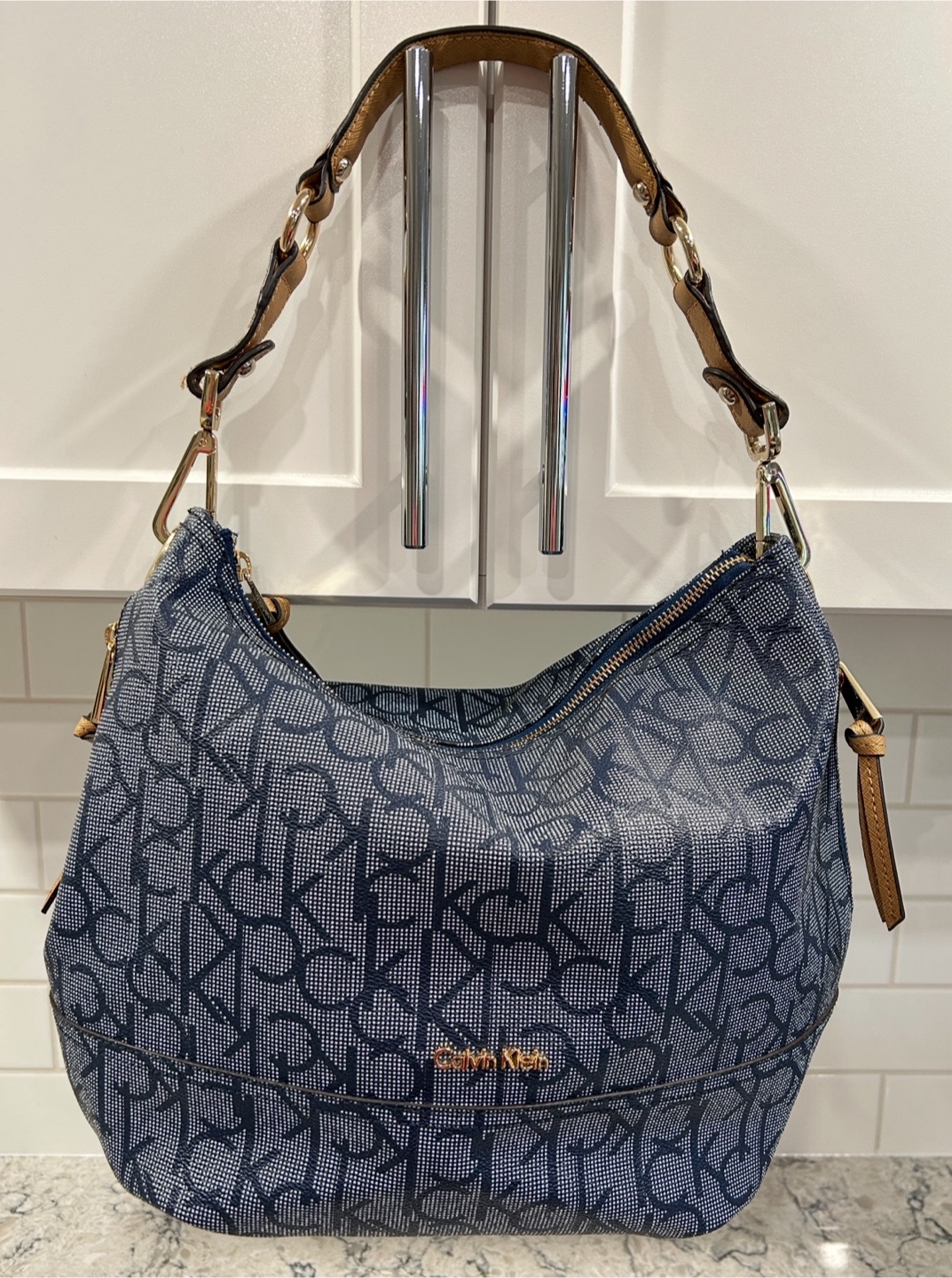 Womens Navy Blue and Tan Calvin Klein Monogrammed Hobo Purse