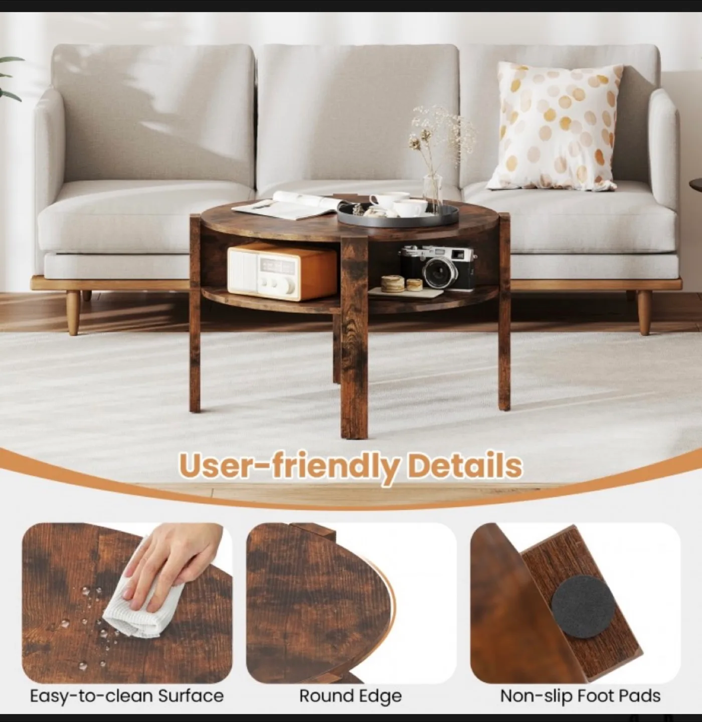 Round Coffee Table with Storage Shelves for Small Space image indicator(5)