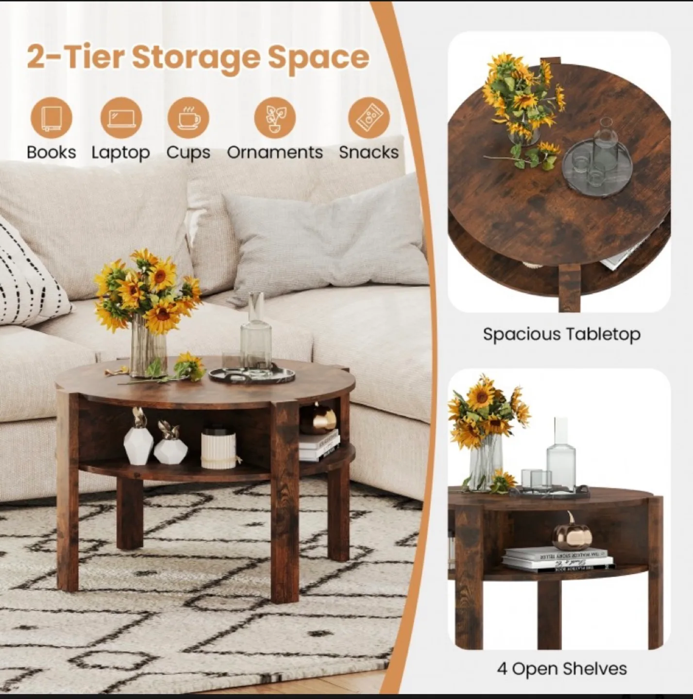Round Coffee Table with Storage Shelves for Small Space image indicator(6)